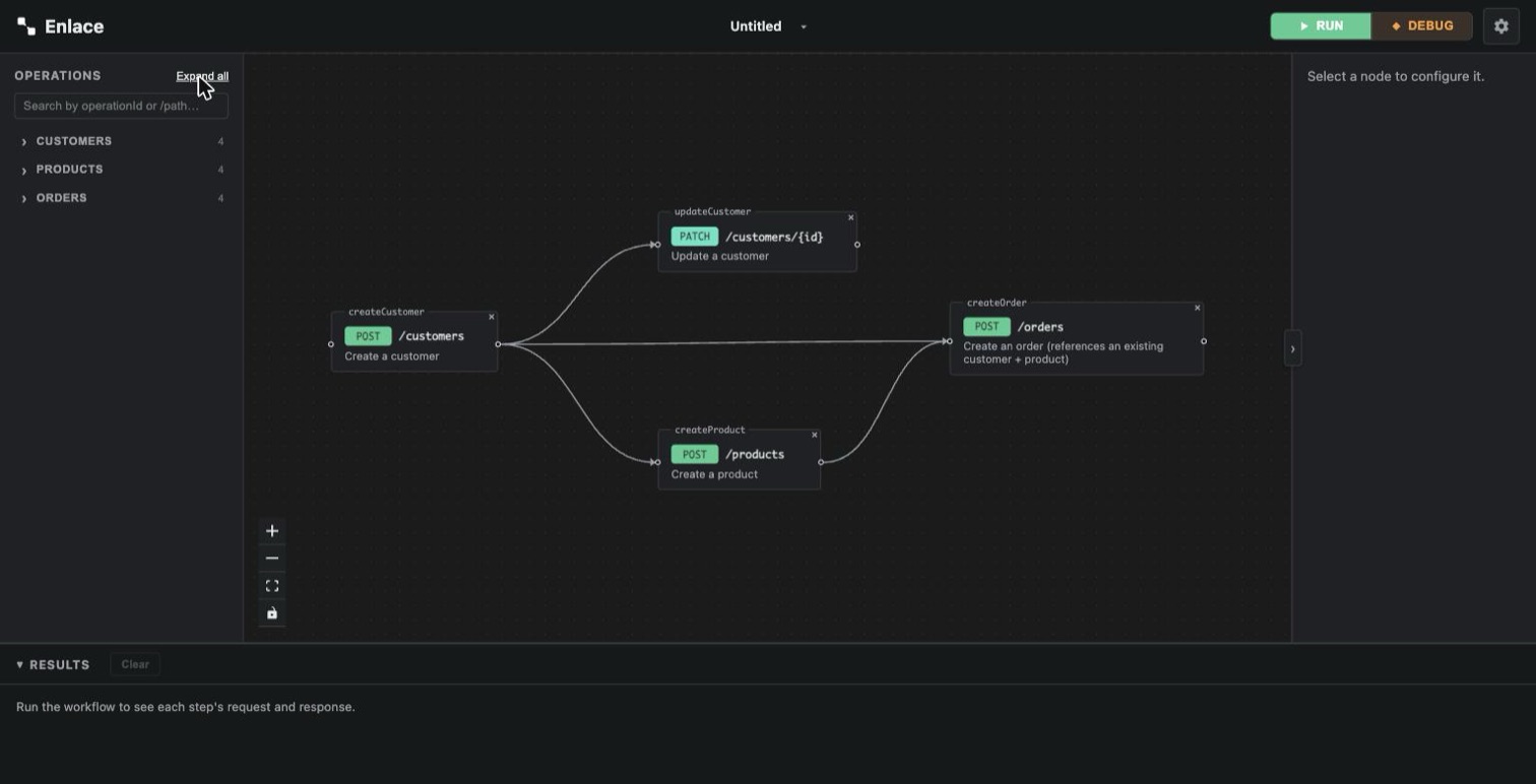 Four connected nodes on the canvas: createCustomer connects to updateCustomer, createProduct, and createOrder; createProduct also connects to createOrder