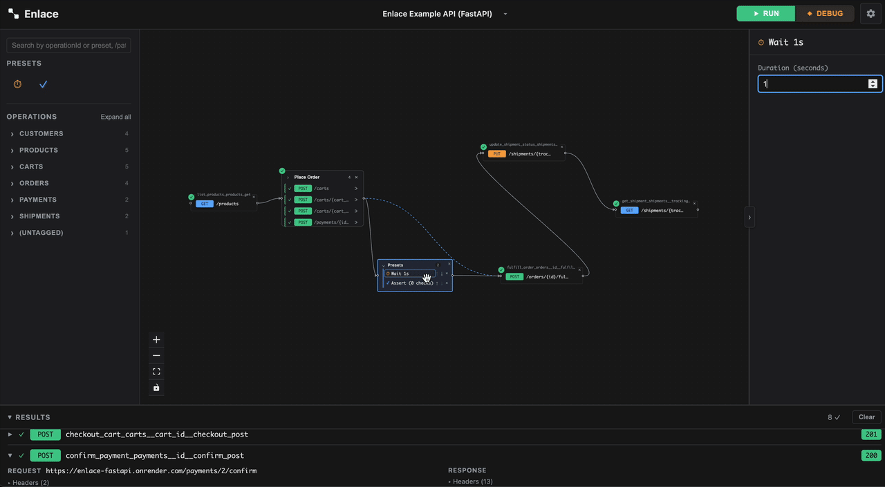 Configuring an Assert check: picking the source node, then opening the body-field picker to choose from that response's fields, then setting the operator and expected value