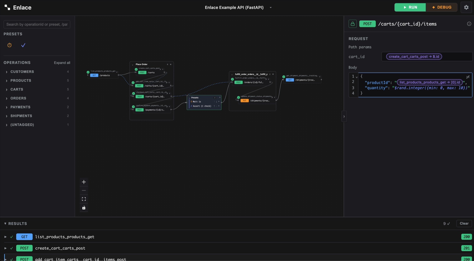 The Body editor showing productId as a tag chip mapped from an earlier step's response, and quantity set to a $rand.integer(...) expression