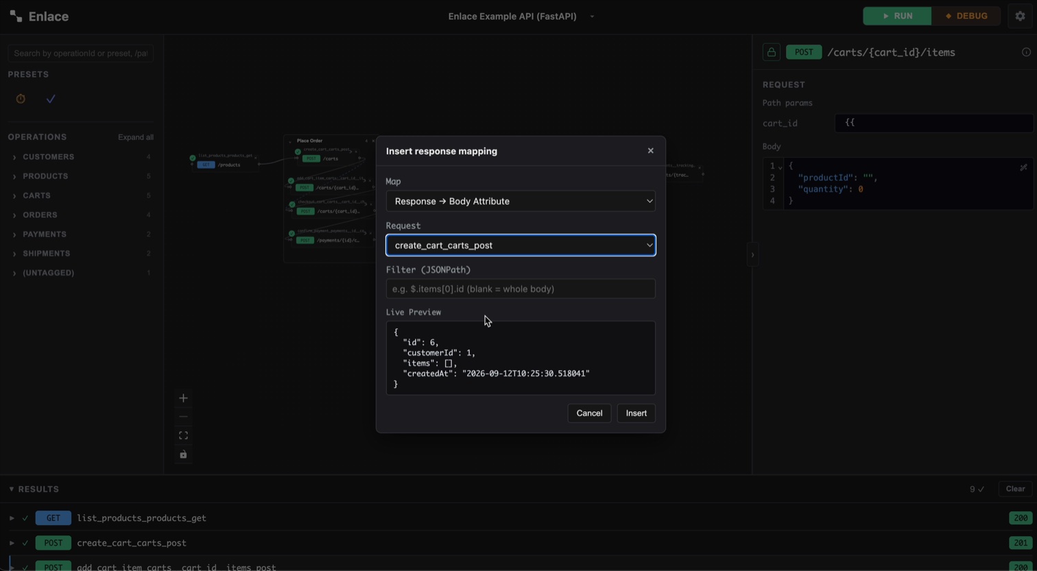 The response-mapping modal, with a source request picked and its Live Preview showing that request's full captured response